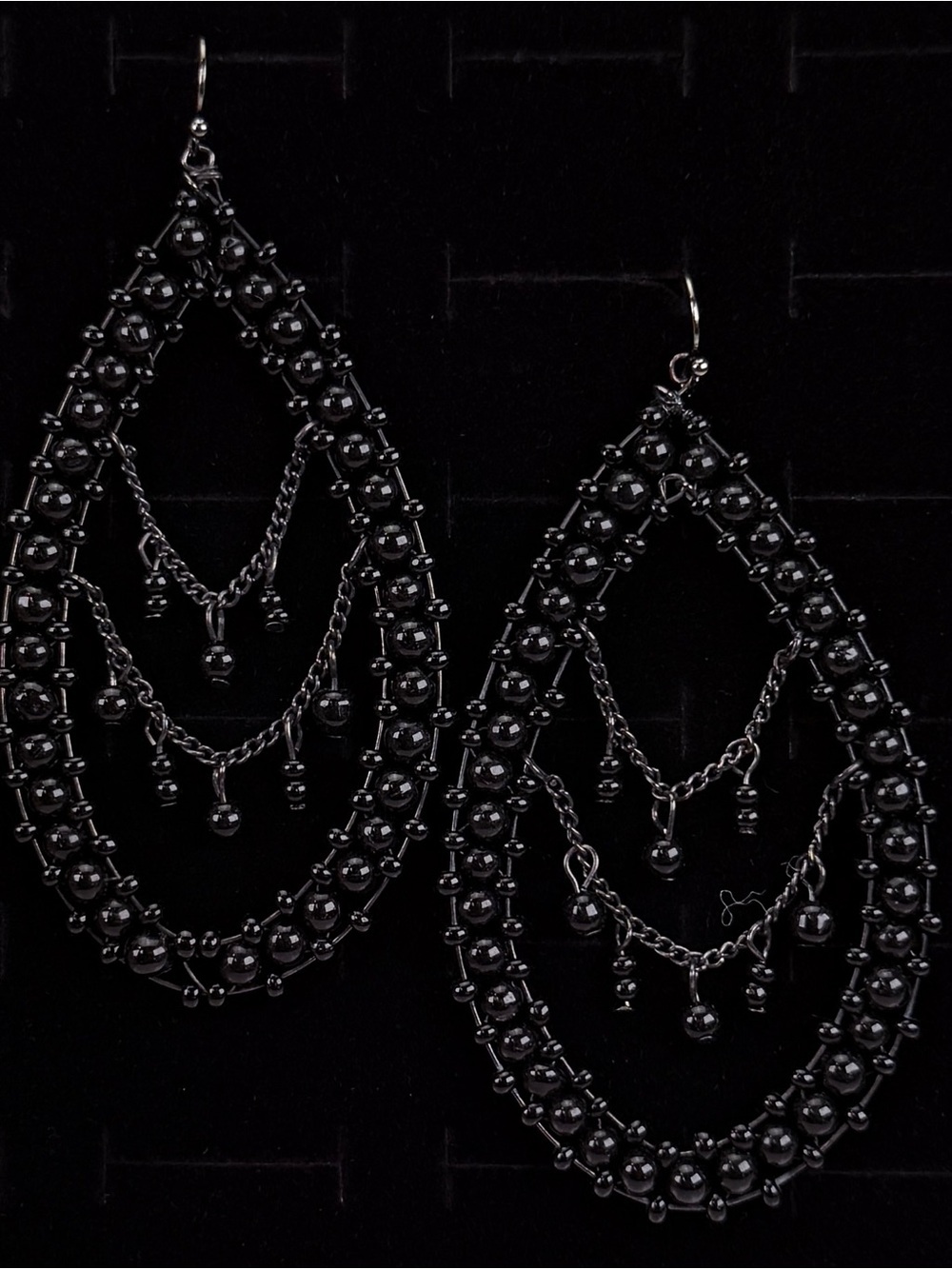 Black beaded bohemian chic large pierced earrings